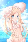  1girl abigail_williams_(fate/grand_order) abigail_williams_(swimsuit_foreigner)_(fate) absurdres bangs bare_shoulders bikini blonde_hair blue_eyes blue_sky blush bonnet bow breasts closed_mouth fate/grand_order fate_(series) forehead hair_bow highres huge_filesize kanti15 long_hair looking_at_viewer miniskirt navel ocean parted_bangs sidelocks skirt sky small_breasts swimsuit twintails white_bikini white_bow white_headwear 