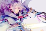  1boy ahoge bangs bishounen center_frills eyebrows eyebrows_visible_through_hair fate/grand_order fate_(series) flower_knot hair_between_eyes hair_ornament holding holding_staff holding_weapon hood hood_down hooded_robe long_hair long_sleeves looking_at_viewer male_focus merlin_(fate) multicolored_hair ootzoo pink_ribbon ribbon robe simple_background smile solo staff sword tassel turtleneck two-tone_hair upper_body very_long_hair violet_eyes weapon white_background white_hair white_robe wide_sleeves 
