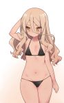  1girl amami_shisen arm_up armpits bikini black_bikini commentary_request cowboy_shot flat_chest hair_between_eyes light_brown_hair long_hair navel sidelocks simple_background solo starmine_(manga) string_bikini stroma swimsuit wet yellow_eyes 