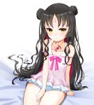  1girl black_hair brown_eyes camisole double_bun dreamoon facial_mark fate/grand_order fate_(series) forehead_mark hair_bun hand_on_own_thigh highres long_hair no_pants pink_camisole sesshouin_kiara sesshouin_kiara_(lily) sitting solo swimsuit swimsuit_under_clothes thighs very_long_hair white_swimsuit 