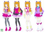  1girl animal_ears arm_at_side bangs bare_legs black_legwear blue_eyes blue_neckwear boots bow bowtie cat_ears check_commentary commentary commentary_request dress eyebrows_visible_through_hair gloves hair_between_eyes hair_ornament hand_on_hip idol leotard long_hair multicolored multicolored_clothes multicolored_dress multiple_views neon_genesis_evangelion orange_hair pink_leotard pink_neckwear rebuild_of_evangelion shikinami_asuka_langley shoes simple_background solo_focus souryuu_asuka_langley standing tagme thigh-highs two_side_up variations white_background white_footwear wristband yamayoshi yellow_neckwear zettai_ryouiki 