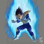  1boy armor aura black_eyes black_hair bodysuit broken broken_armor clenched_hands crack dated dragon_ball dragon_ball_(classic) gloves grey_background ikeda_(cpt) male_focus muscle open_mouth saiyan_armor screaming simple_background solo spiky_hair teeth tight tongue torn_clothes torn_legwear vegeta veins white_footwear white_gloves 