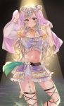  1girl absurdres blonde_hair blue_eyes choker circlet commentary_request dancer detached_sleeves eyebrows_visible_through_hair highres jewelry long_hair looking_at_viewer midriff navel original partially_submerged see-through sheer_clothes smile solo user_cjpg7353 veil water 
