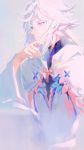  1boy ahoge bangs bishounen center_frills fate/grand_order fate_(series) flower flower_knot hair_between_eyes hair_ornament highres hood hood_down hooded_robe light_smile lirseven long_hair long_sleeves looking_at_viewer male_focus merlin_(fate) multicolored_hair petals pink_ribbon ribbon robe simple_background smile solo tassel turtleneck two-tone_hair upper_body very_long_hair violet_eyes white_background white_hair white_robe wide_sleeves 