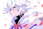  1boy ahoge bangs bishounen center_frills fate/grand_order fate_(series) flower flower_knot hair_between_eyes hair_ornament hood hood_down hooded_robe light_smile long_hair looking_to_the_side male_focus merlin_(fate) multicolored_hair petals pink_ribbon ribbon robe sho_(gohan) simple_background smile solo tassel turtleneck two-tone_hair upper_body very_long_hair violet_eyes white_background white_hair white_robe 