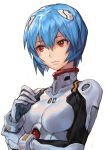  1girl ayanami_rei bangs blue_hair bodysuit breasts closed_mouth covered_collarbone hair_ornament hands_up hankuri interface_headset lips long_sleeves medium_breasts neon_genesis_evangelion plugsuit red_eyes short_hair simple_background skin_tight solo turtleneck upper_body white_background white_bodysuit 
