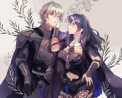  1boy 1girl 3rdk0n armor black_gloves black_shorts blue_eyes blue_hair byleth_(fire_emblem) byleth_eisner_(female) byleth_eisner_(male) closed_mouth dagger fire_emblem fire_emblem:_three_houses gloves green_eyes green_hair highres navel_cutout open_mouth pantyhose sheath sheathed shorts weapon 