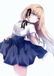  1girl bangs black_ribbon blonde_hair blue_eyes blue_skirt blunt_bangs dress_shirt eyebrows_visible_through_hair floating_hair hair_intakes hair_ribbon high-waist_skirt kurumi_mashiro leaning_to_the_side long_hair meme_attire miniskirt original parted_lips ribbon shiny shiny_hair shirt short_sleeves simple_background skirt solo standing very_long_hair virgin_killer_outfit white_background white_shirt 