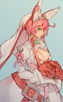  1girl ahoge belt blue_eyes breasts bridal_veil cleavage_cutout clover collar dress earrings elphelt_valentine english_commentary flower four-leaf_clover from_side guilty_gear guilty_gear_xrd highres huge_ahoge jewelry large_breasts long_sleeves pink_hair pink_ribbon puffy_long_sleeves puffy_sleeves red_flower red_rose ribbon rose spikes uncle_rabbit_ii veil wedding_dress 