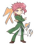  1boy brown_footwear chibi closed_mouth coat crossed_arms earrings green_coat green_pants hair_intakes index_finger_raised jewelry jojo_no_kimyou_na_bouken kakyouin_noriaki long_sleeves looking_at_viewer male_focus mechakucha pants pink_hair shiny shiny_hair simple_background smile solo stardust_crusaders violet_eyes white_background 