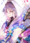  1boy absurdres ahoge bangs bishounen center_frills eyebrows eyebrows_visible_through_hair fate/grand_order fate_(series) flower flower_knot hair_between_eyes hair_ornament highres holding holding_flower holding_plant hood hood_up hooded_robe long_hair long_sleeves looking_at_viewer male_focus merlin_(fate) multicolored_hair pekerika petals pink_ribbon ribbon robe simple_background smile solo tassel turtleneck two-tone_hair very_long_hair violet_eyes white_background white_hair white_robe wide_sleeves 