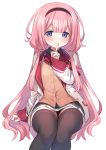  1girl absurdres black_legwear blush commentary_request finger_to_mouth headband highres jacket long_hair looking_at_viewer mankai_kaika nijisanji pink_hair simple_background sitting smile solo suou_sango thigh-highs violet_eyes virtual_youtuber white_background 
