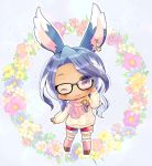  1girl ;) animal_ear_fluff animal_ears aran_sweater bangs black-framed_eyewear blue_background blue_flower blue_hair blush brown_footwear character_request chibi closed_mouth commission dark_skin facial_mark final_fantasy final_fantasy_xiv floral_background flower full_body glasses hand_up kouu_hiyoyo long_hair long_sleeves looking_at_viewer one_eye_closed over-kneehighs pink_flower pink_legwear puffy_long_sleeves puffy_sleeves rabbit_ears red_shorts short_shorts shorts sleeves_past_wrists smile solo standing sweater swept_bangs thigh-highs very_long_hair violet_eyes white_flower white_sweater yellow_flower 