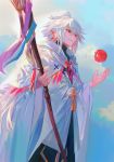  1boy ahoge apple bangs bishounen black_pants center_frills clouds fate/grand_order fate_(series) flower flower_knot food fruit hair_between_eyes hair_ornament highres holding holding_food holding_fruit holding_staff holding_weapon hood hood_down hooded_robe long_hair long_sleeves looking_to_the_side male_focus merlin_(fate) multicolored_hair pants parted_lips petals pink_ribbon pofu31 red_eyes ribbon robe sky solo staff tassel turtleneck two-tone_hair very_long_hair weapon white_hair white_robe wide_sleeves 