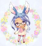 1girl :d animal_ear_fluff animal_ears aran_sweater bangs black-framed_eyewear blue_background blue_flower blue_hair blush brown_footwear character_request chibi commentary_request commission dark_skin facial_mark final_fantasy final_fantasy_xiv floral_background flower full_body glasses hand_up kouu_hiyoyo long_hair long_sleeves looking_at_viewer open_mouth over-kneehighs pink_flower pink_legwear puffy_long_sleeves puffy_sleeves rabbit_ears red_shorts short_shorts shorts sleeves_past_wrists smile solo standing sweater swept_bangs thigh-highs very_long_hair viera violet_eyes white_flower white_sweater yellow_flower 