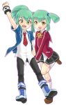 1boy 1girl :d arm_up bangs black_pants black_skirt blue_jacket brother_and_sister brown_footwear collared_shirt dress_shirt duel_academy_uniform_(yuu-gi-ou_5d&#039;s) eyebrows_visible_through_hair green_hair hair_between_eyes highres holding_hands jacket lua lua_(yu-gi-oh!) luca_(yu-gi-oh!) mechakucha miniskirt neck_ribbon necktie open_clothes open_jacket open_mouth pants pleated_skirt ponytail red_jacket red_neckwear red_sailor_collar ribbon sailor_collar shiny shiny_hair shirt siblings skirt smile standing standing_on_one_leg twins twintails white_legwear white_shirt wing_collar yellow_eyes yellow_ribbon yuu-gi-ou yuu-gi-ou_5d&#039;s