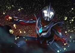  1boy absurdres alien clenched_hands fighting_stance glowing glowing_eyes highres huge_filesize looking_up no_humans solo tachibana_satsuki_(artist) tokusatsu ultra_series ultraman_nexus ultraman_nexus_(series) yellow_eyes 