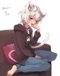  1boy ;p animal_ears bangs barefoot cat_boy cat_ears cat_tail collar couch full_body hair_between_eyes hood hoodie kuga_yuuma looking_at_viewer one_eye_closed pillow red_eyes sitting solo syerii tail tongue tongue_out white_hair world_trigger 