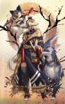 1girl animal_hood canyne cat_hood fangs felyne fur_trim hat highres hood long_hair looking_to_the_side mito_itsuki monster_hunter monster_hunter_rise ponytail sandals scabbard scar scarf sheath silver_hair standing straw_hat thigh-highs very_long_hair 