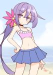  1girl absurdres akebono_(kantai_collection) bangs bare_arms bare_shoulders bell bikini bikini_top black_choker blue_skirt blush choker closed_mouth collarbone commentary_request day eyebrows_visible_through_hair flower frilled_bikini frills groin hair_bell hair_between_eyes hair_flower hair_ornament hand_on_hip highres horizon ichi jingle_bell kantai_collection long_hair navel ocean outdoors pink_bikini pleated_skirt purple_flower purple_hair side_ponytail signature skirt solo swimsuit very_long_hair violet_eyes water 
