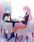  2girls aqua_eyes aqua_hair black_shirt blue_eyes cafe cake chair commentary cup food fork hatsune_miku highres holding holding_cup holding_fork light_smile long_hair looking_at_viewer looking_back megurine_luka multiple_girls parted_lips pink_hair plate red_skirt seica shirt sitting skirt table teacup teapot twintails twitter_username very_long_hair vocaloid window 