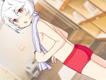  1boy ass bangs boxer_briefs dutch_angle from_behind hair_between_eyes jewelry kuga_yuuma looking_at_viewer looking_back maid open_mouth red_eyes ring roromo shirtless solo towel towel_around_neck white_hair world_trigger 