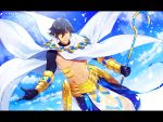  1boy abs ahoge black_gloves brown_hair cape clouds dark_skin dark_skinned_male egyptian egyptian_clothes expressionless fate/grand_order fate/prototype fate/prototype:_fragments_of_blue_and_silver fate_(series) gauntlets gloves gpnet hair_between_eyes highres holding holding_staff jewelry looking_at_viewer male_focus muscle necklace ozymandias_(fate) shirtless shrug_(clothing) sky solo staff white_cape yellow_eyes 
