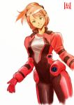  1girl absurdres aida_rayhunton bangs commentary green_eyes gundam gundam_g_no_reconguista highres looking_at_viewer mn_315_art open_hands pilot_suit pink_hair solo tied_hair white_background 