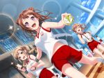 3girls bang_dream! bloomers blush brown_hair city cloud day holding_ball holding_camera holding_phone ichigaya_arisa official_art open_mouth short_hair smile sparkle star_hair_ornament sweat toyama_kasumi track_uniform violet_eyes yamabuki_saaya