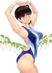  1girl armpits arms_up ass bangs bare_arms blush breasts brown_eyes brown_hair closed_mouth commentary_request expressionless eyebrows_visible_through_hair highleg highleg_swimsuit highres kaga_(kantai_collection) kantai_collection long_hair looking_at_viewer medium_breasts one-piece_swimsuit simple_background solo swimsuit thighs tied_hair two-tone_swimsuit wa_(genryusui) white_background 