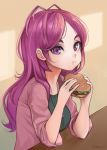  1girl :t artist_name bangs blush breasts commentary eating eyelashes food from_side green_shirt hamburger highres holding holding_food jacket jewelry long_hair looking_at_viewer necklace open_clothes original parted_bangs pink_jacket purple_hair shellvi shiny shiny_hair shirt small_breasts solo table upper_body violet_eyes 