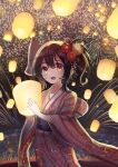  1girl :d absurdres aerial_fireworks ametama_(runarunaruta5656) bangs brown_hair cowboy_shot fireworks flower fox_mask hair_flower hair_ornament highres holding holding_lantern japanese_clothes kanzashi kimono lantern looking_at_viewer mask mask_on_head night obi obijime open_mouth orange_eyes original paper_lantern raised_eyebrows sash short_hair side_ponytail sidelocks sky_lantern smile striped summer_festival vertical-striped_kimono vertical_stripes wide_sleeves yukata 