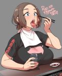  1girl 2020 agawa_ryou artist_name blue_eyes breasts brown_hair chopsticks commentary cup dated grey_background large_breasts original short_hair signature simple_background solo tongue tongue_out 