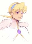  1girl angel_wings artist_request blonde_hair breath_of_fire breath_of_fire_iv brooch closed_mouth hairband highres jewelry looking_at_viewer nina_(breath_of_fire_iv) short_hair simple_background solo very_short_hair violet_eyes wings 