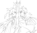  2girls animal_on_head arm_up back-to-back bird bird_on_head bow chick commentary_request control_rod cowboy_shot feathered_wings feathers greyscale hair_bow hand_on_hip ini_(inunabe00) monochrome multiple_girls niwatari_kutaka on_head reiuji_utsuho short_sleeves simple_background smile touhou white_background wings 