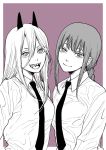  2girls bangs black_neckwear braid braided_ponytail business_suit chainsaw_man collared_shirt crosshair_pupils demon_girl demon_horns formal hair_between_eyes horns light_smile long_hair long_sleeves looking_at_viewer makima_(chainsaw_man) monochrome multiple_girls mztm_juju necktie open_mouth power_(chainsaw_man) purple_background ringed_eyes sharp_teeth shirt smile suit teeth very_long_hair 