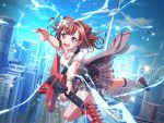 1girl bang_dream! blush brown_hair city cityscape day dress electricity guitar holding_instrument looking_at_viewer misaka_mikoto_(cosplay) official_art open_mouth short_hair smile solo star_hair_ornament to_aru_kagaku_no_railgun toyama_kasumi violet_eyes