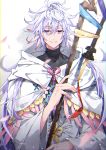  1boy absurdres ahoge bangs bishounen c.reo center_frills eyebrows eyebrows_visible_through_hair fate/grand_order fate_(series) flower_knot hair_between_eyes hair_ornament highres holding holding_staff holding_weapon hood hood_down hooded_robe huge_filesize long_hair long_sleeves looking_at_viewer male_focus merlin_(fate) multicolored_hair pink_ribbon ribbon robe simple_background smile solo staff tassel turtleneck two-tone_hair upper_body very_long_hair violet_eyes weapon white_background white_hair white_robe wide_sleeves 