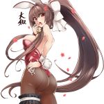  1girl animal_ears back-seamed_legwear brown_hair brown_legwear bunny_tail bunnysuit character_name cherry_blossoms commentary_request cowboy_shot detached_collar flower gold_bowtie hair_flower hair_ornament hand_on_hip kantai_collection leg_garter leotard long_hair looking_at_viewer pantyhose petals ponytail rabbit_ears red_eyes red_leotard seamed_legwear simple_background solo strapless strapless_leotard tail thong_leotard uzuki_kosuke white_background wrist_cuffs yamato_(kantai_collection) 