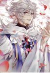  1boy ahoge bangs bishounen center_frills eyebrows eyebrows_visible_through_hair fate/grand_order fate_(series) flower flower_knot hair_between_eyes hair_ornament hood hood_down hooded_robe long_hair long_sleeves looking_at_viewer male_focus merlin_(fate) mina_(1532) multicolored_hair open_mouth petals pink_ribbon ribbon robe simple_background solo tassel turtleneck two-tone_hair upper_body very_long_hair violet_eyes white_background white_hair white_robe wide_sleeves 