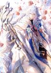  1boy absurdres ahoge bangs bishounen black_pants center_frills fate/grand_order fate_(series) flower flower_knot hair_between_eyes hair_ornament highres holding holding_staff holding_weapon hood hood_down hooded_robe huge_filesize ittetsu_taro long_hair long_sleeves looking_at_viewer male_focus merlin_(fate) multicolored_hair pants petals pink_ribbon ribbon robe smile solo staff tassel turtleneck two-tone_hair very_long_hair violet_eyes weapon white_hair white_robe wide_sleeves 