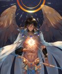  1boy abs ahoge brown_hair cape dark_skin dark_skinned_male egyptian egyptian_clothes fate/grand_order fate/prototype fate/prototype:_fragments_of_blue_and_silver fate_(series) feathered_wings feathers hair_between_eyes highres holding holding_staff jewelry looking_at_viewer male_focus muscle necklace ozymandias_(fate) puff_(ksy61900) shirtless shrug_(clothing) solo staff white_cape white_wings wings yellow_eyes 