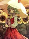  1girl breasts clouds cowboy_shot field flower flower_field garden_of_the_sun green_hair holding holding_umbrella kazami_yuuka long_sleeves looking_at_viewer medium_breasts open_mouth outdoors plaid plaid_skirt plaid_vest red_eyes red_skirt red_vest shirt skirt smile solo sunflower syuri22 touhou umbrella vest white_shirt white_umbrella yellow_neckwear 