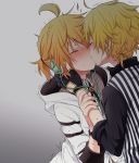  2boys ahoge black_gloves blonde_hair blush closed_mouth commentary fingerless_gloves gloves hands_on_another&#039;s_cheeks hands_on_another&#039;s_face holy_lancer_(module) hood hoodie kagamine_len kiss male_focus multiple_boys selfcest shirt short_ponytail short_sleeves striped striped_shirt sudachi_(calendar) sweat trembling upper_body vocaloid white_edge_(module) white_hoodie yaoi 