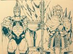  2boys bulge cape earrings fate/grand_order fate_(series) greyscale helmet huge_weapon jewelry koryuu_(gackter10) male_focus monochrome multiple_boys muscle navel pectorals revealing_clothes romulus_(fate/grand_order) sketch smile spikes thick_thighs thighs tight upper_body vlad_iii_(fate/extra) weapon 