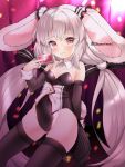  1girl animal_ears ass_visible_through_thighs bare_shoulders blush breasts bunnysuit card detached_collar detached_sleeves eyebrows_visible_through_hair grey_hair hair_between_eyes juugou_taki long_hair looking_at_viewer original playing_card rabbit_ears small_breasts solo thigh-highs twintails very_long_hair 