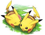  black_eyes closed_eyes closed_mouth commentary_request fang flower gen_1_pokemon grass highres no_humans nullma open_mouth pikachu pink_flower pokemon pokemon_(creature) shiny smile tongue 