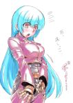  1girl blue_hair bodysuit breasts chaps commentary_request cropped_jacket eyebrows_visible_through_hair gloves kula_diamond long_hair open_mouth red_eyes solo the_king_of_fighters translated tukiwani white_background 