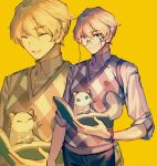  1boy ^_^ animal blonde_hair blue_eyes book closed_eyes closed_mouth collared_shirt ferret glasses hiyamaru holding holding_book holostars kishido_temma looking_at_viewer male_focus mebaru multiple_views open_mouth shirt short_hair simple_background smile standing tail vest virtual_youtuber watch watch yellow_background 