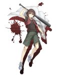  1boy arm_up brown_hair collarbone crossover drop_shadow full_body higurashi_no_naku_koro_ni ji_no looking_at_viewer maebara_keiichi metal_baseball_bat official_art shirt shoes shorts sinoalice sneakers solo t-shirt transparent_background vest violet_eyes 